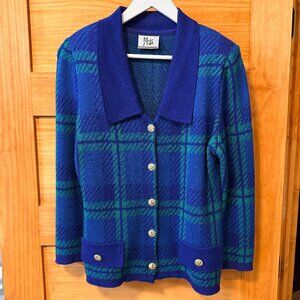 Vtg 80s MITA Bold Blue Classic Plaid Buttoned Cardigan Sweater size 6 Petite